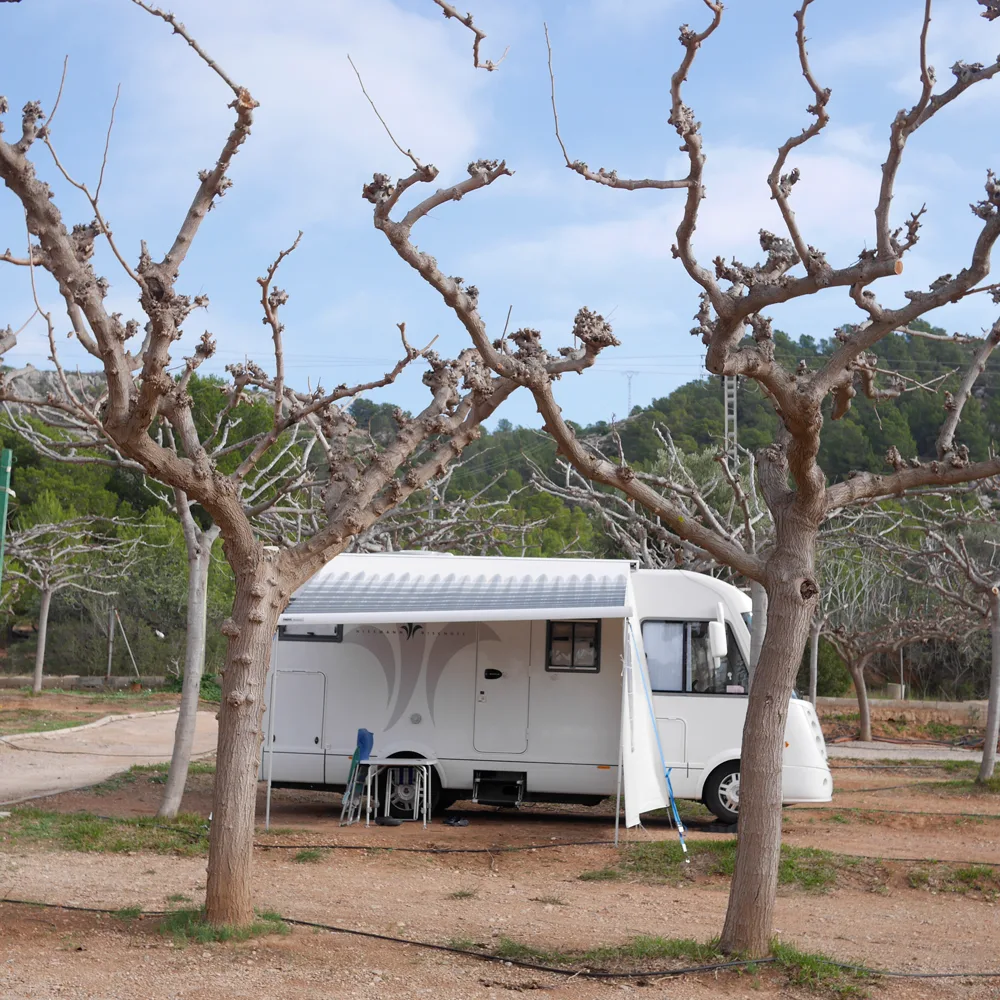 Autocaravana estacionada en una parcela arbolada del camping.
