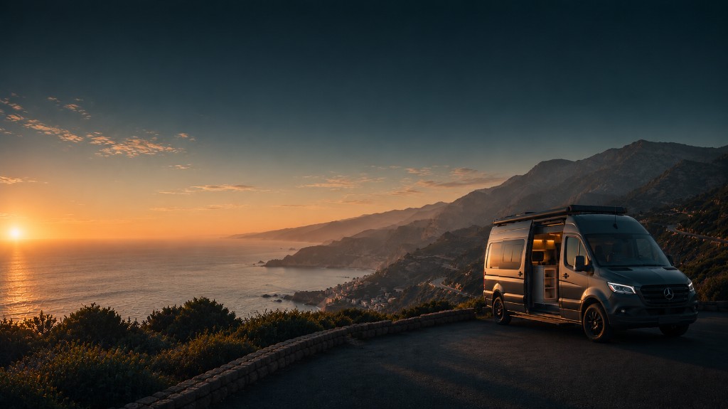 Camper junto a la costa al atardecer
